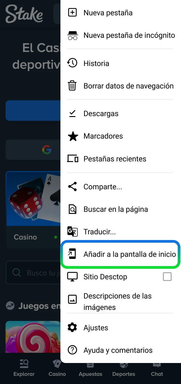 Paso inicial para configurar el acceso directo de Stake desde el menú del navegador Chrome.