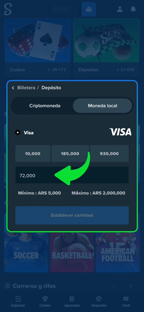 Indica el monto a depositar en el sitio oficial Stake.