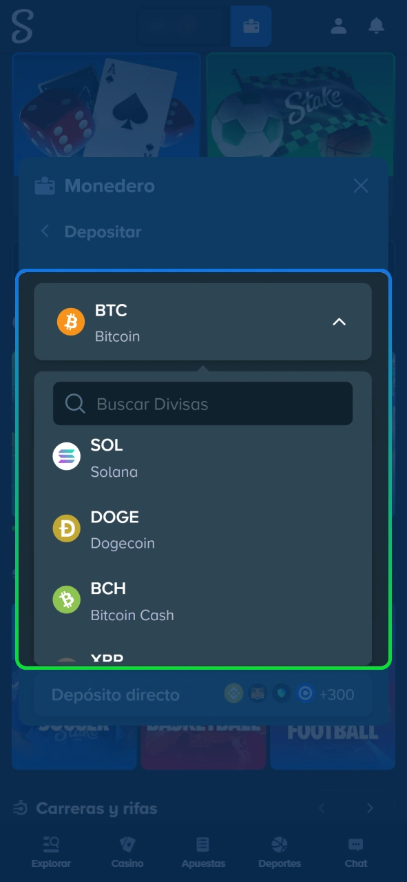 Selecciona tu método de pago en el sitio oficial Stake.
