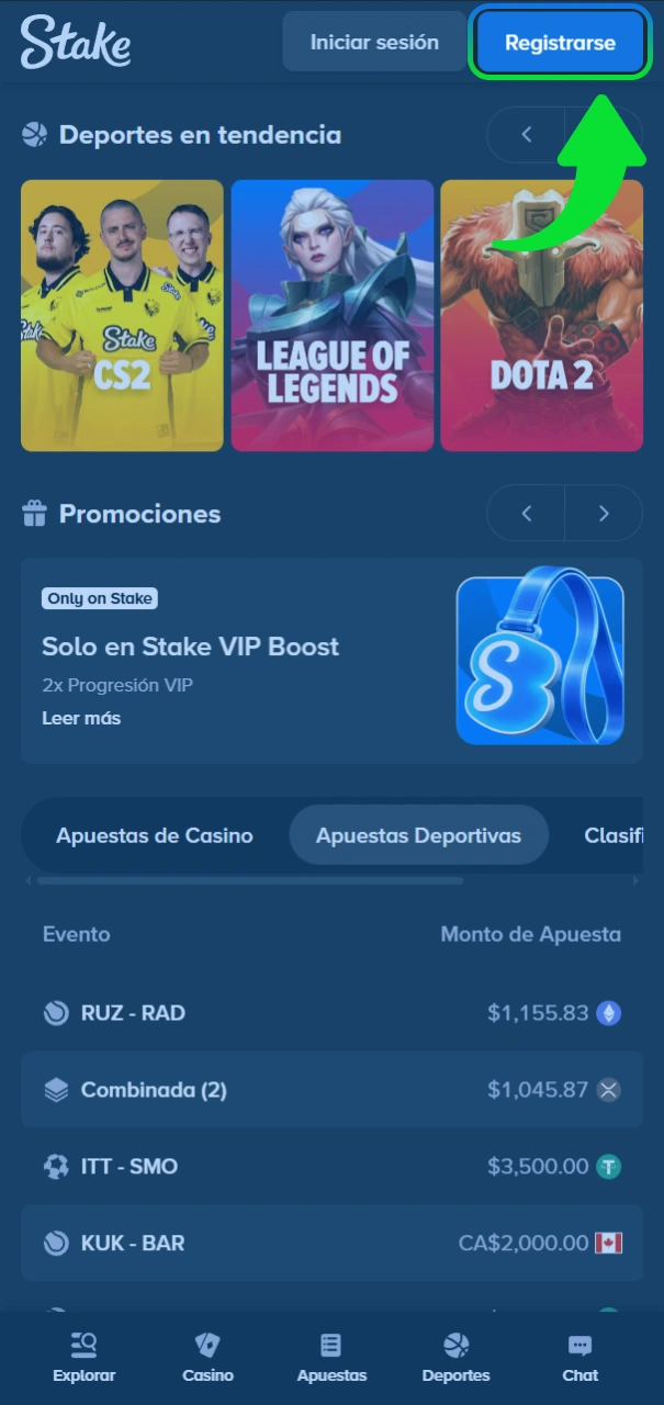 Crea tu cuenta nueva en el sitio oficial de Stake.