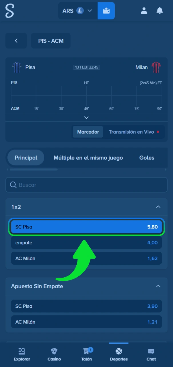 Elige tipos de apuestas en el sitio oficial de Stake.