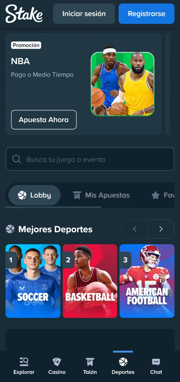 Panel de apuestas deportivas en Stake Argentina con cuotas para fútbol y otros deportes.