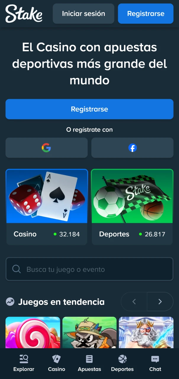 Interfaz principal del sitio oficial de Stake Argentina con acceso a todas las secciones.