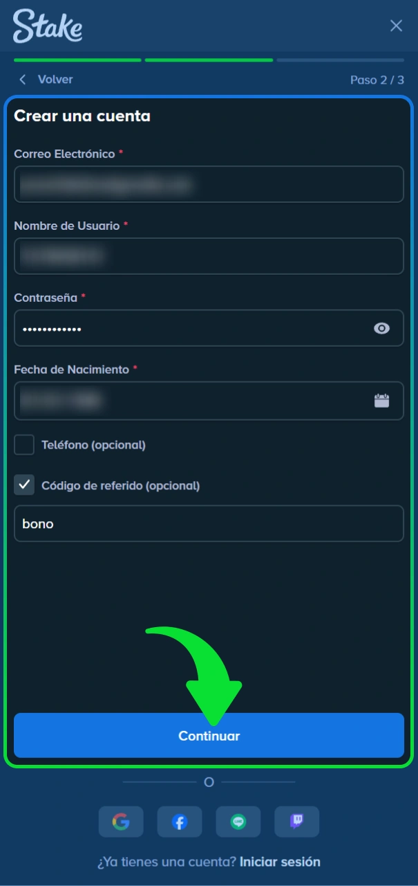 Ingresa tus datos personales en el sitio oficial de Stake móvil.