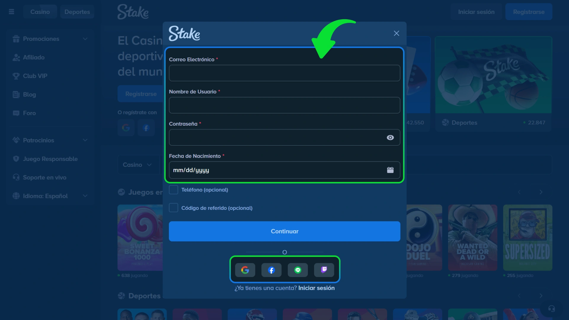 Elige el método de registro en el sitio oficial Stake.