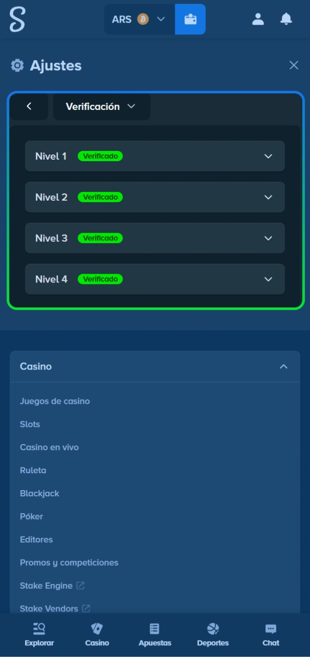 Completa el proceso de verificación en sitio oficial de Stake.