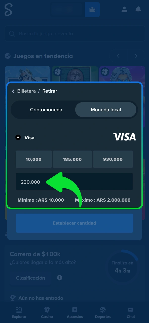 Escribe el monto a retirar en el sitio oficial Stake.