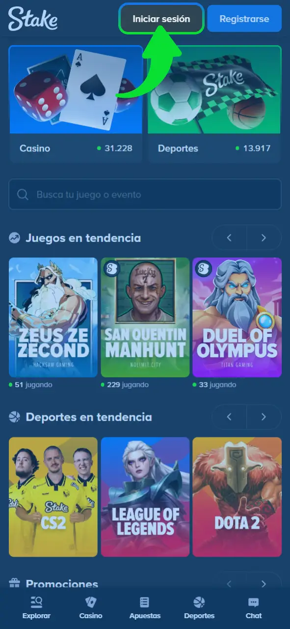 Accede a tu cuenta personal en el sitio oficial Stake.